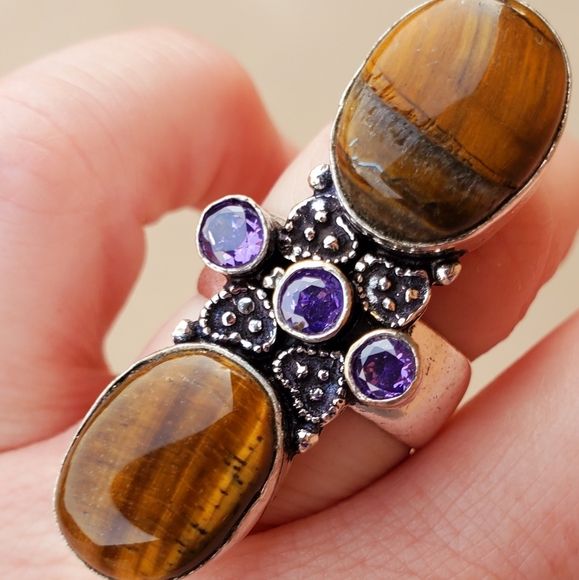 New Stunning Oversized Tiger Eye and Amethyst 925 Silver Statement Ring. - Picture 12 of 16